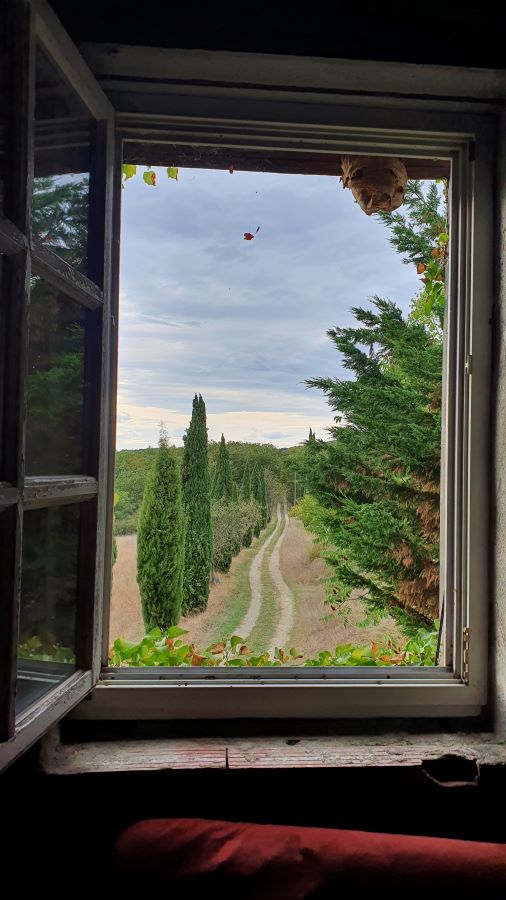 Window in the renovation area with beautiful view of the driveway of Le Matou